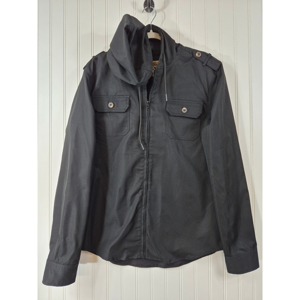 Brooklyn Laundry Mens L Black Button‎ Down Zip Up Hooded Shirt Military Utility